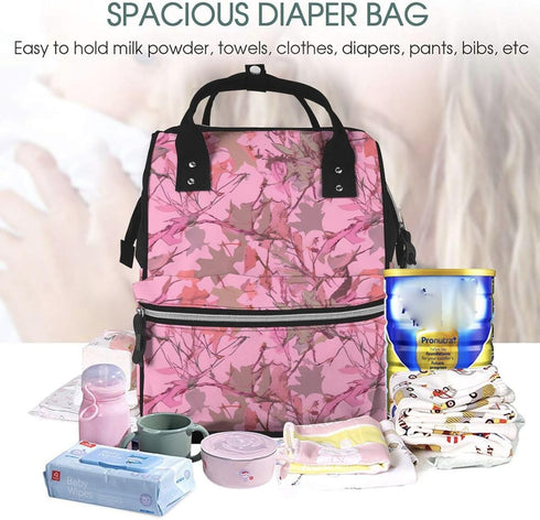 DWVTSLH Backpack Mummy Backpack Pink leaves Camo Diaper Bag Multifunction Nappy Bags Waterproof Large Capacity Travel