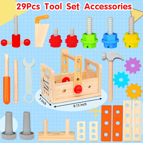Kids Tool Set - 29 PCS Wooden Toddler Tool with Box, Montessori STEM Educational Pretend Play Toy for Ages 2-6