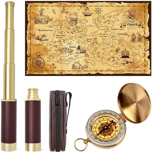 Aubric Pirate Spyglass Telescope Treasure Map Pocket Compass Kids Toys Set, Handheld Collapsible