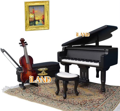 1/12 iLAND Piano Music Box & Miniature Violin w/Giftbox, Scale Accessories of Dollhouse Piano Room with Timeless Melody