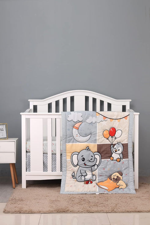 CribMATE 3 PCs Gray Elephant Penguin Puppy Nursery Crib Bedding Set Baby Girl
