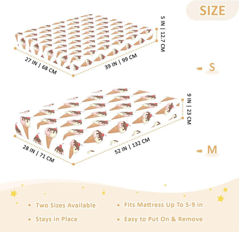 Jynexis 52x28 Ice Cream White Brown Print Baby Crib Sheets, Cotton Fitted Crib Sheet, Soft Breathable, Fits Standard