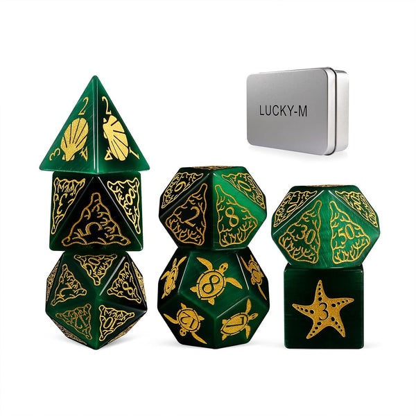 LUCKY-M Turtle DND Dice Set - 7PCS Cat Eye Stone D&D Dice for RPG and MTG Accessories (PC-Green)