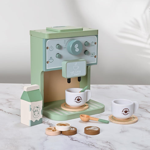 Kids Wooden Toys Toddler Pretend Play Kitchen Accessories - Green Coffee Maker Espresso Machine Playset