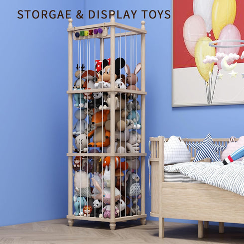 57" 3D Stuffed Animal Storage, Tall Wooden Toy Organizer with Sign, Upgraded Thicker Solid Pine Plushie Holder, Large