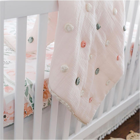 36" 36", 100% Crane Baby Soft Cotton Muslin Nursery Blanket with Pom Pom Trim, X Stroller Blanket for Girls, Pink