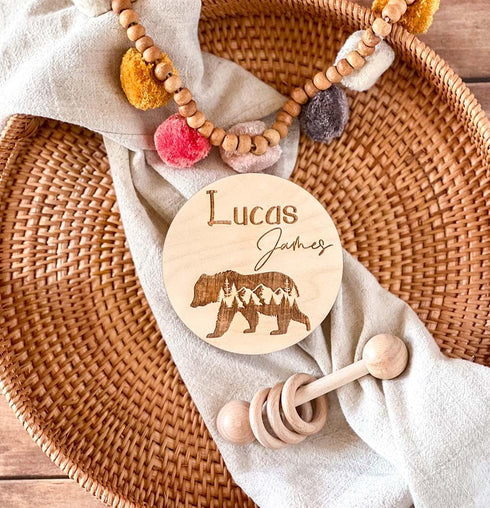 Personalized Newborn Announcement Sign for Hospital - Single Sided - Wooden Birth Announcement Sign with Bear - Name