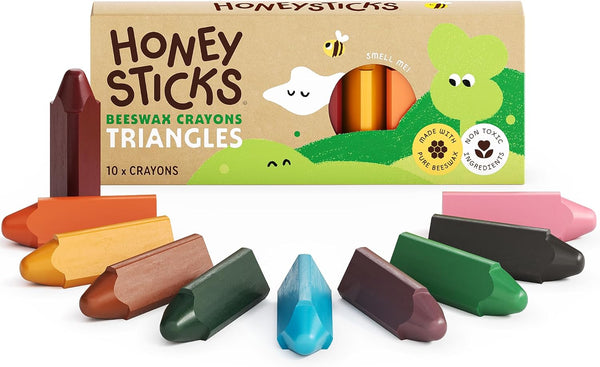 Honeysticks Triangular Crayons (10 Pack) - 100% Pure Beeswax, Food Grade Colors,