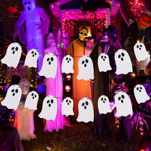 2 Pack White Glitter Halloween Ghost Garland Banner, Indoor Decorations for Haunted Mansion Mantle Home Decor