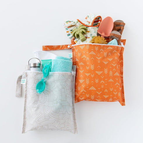 Bumkins Waterproof Wet Bag for Baby, Travel, Swim Suit, Cloth Diapers, Pump Parts, Pool, Gym, Toiletry, Strap to Stroller, Daycare, Zip Reusable Bag, Wetdry Packing Pouch, 2-pk Desert Boho