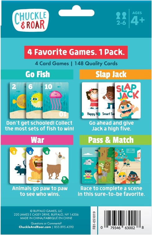 Chuckle & Roar - Classic Card Games 4pk - Ages 4 and up - Family Game Night - Go Fish, Slapjack, War, Pass and Match