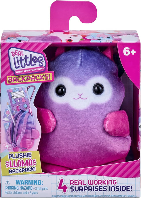 REAL LITTLES Plushie Pet Backpacks, Soft Fluffy Animal Micro Backpack with 4 Real Working Micro Stationery Surprises