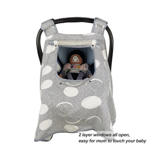 ICOPUCA Muslin Car Seat Covers for Babies, Lightweight Kick Proof Canopy, Black Strip Polka, Fits Summer/Autumn/Spring