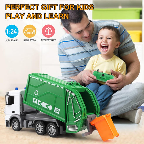 2.4Ghz Remote Control Garbage Truck Toys for Boys with Trash Bin Real Lights 1/24 Scale Recycling Truck