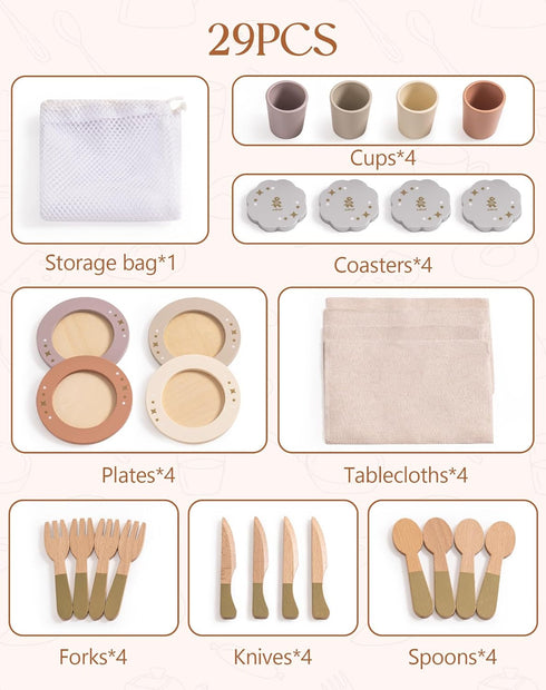 Set, 29PCS ROBOTIME Play Kitchen Dishes Wooden Toddler Plates and Dishes for Boys Girls Gifts