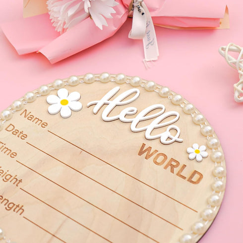 Pearl-Trimmed Wonhibo Newborn Announcement Sign - Baby Hospital Photo Prop Wooden Name Board Card for Birth Welcome