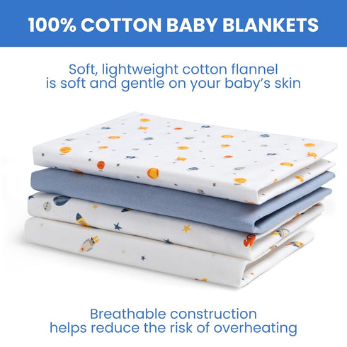 Delta Children 100% Cotton Flannel Baby Receiving Blankets for Girls and Boys, 30x30 Inches (Pack of 4), Space