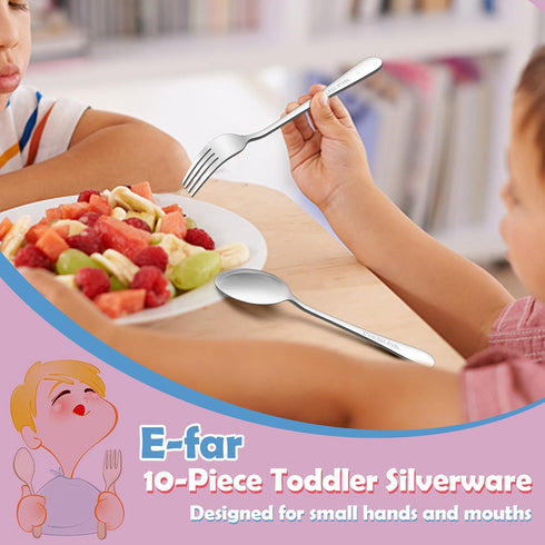 E-far Toddler Forks and Spoons Set, 10-Piece Stainless Steel Safe Silverware for Self Feeding, Dishwasher Safe