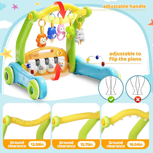 2 1 Tummy 0-6 12-18 Baby Gym Play Mat with Walker, IN Kick and Play Piano Activity Center with Light & Music, Time Mat