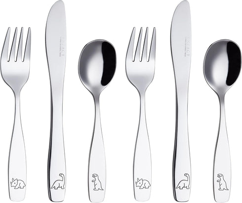 Exzact Kids Flatware 6 Pieces Stainless Steel Silverware, 2 Forks, 2 Knives, 2 Spoons, Toddler Utensils, Dishwasher Safe