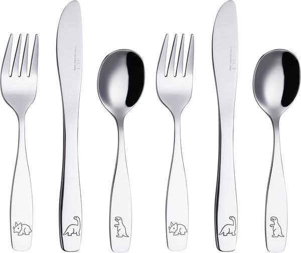 Exzact Kids Flatware 6 Pieces Stainless Steel Silverware, 2 Forks, 2 Knives, 2 Spoons, Toddler Utensils, Dishwasher Safe