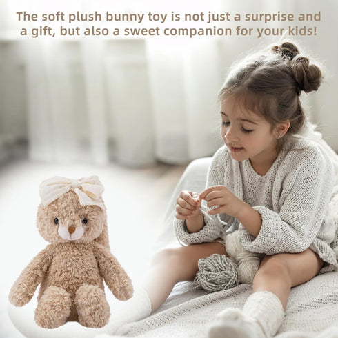 8'' Bunny Stuffed Animal Soft Rabbit Cuddly Toy Long - Eared Brown Plush Bunny with Cream Bow Plush Toys for Babies