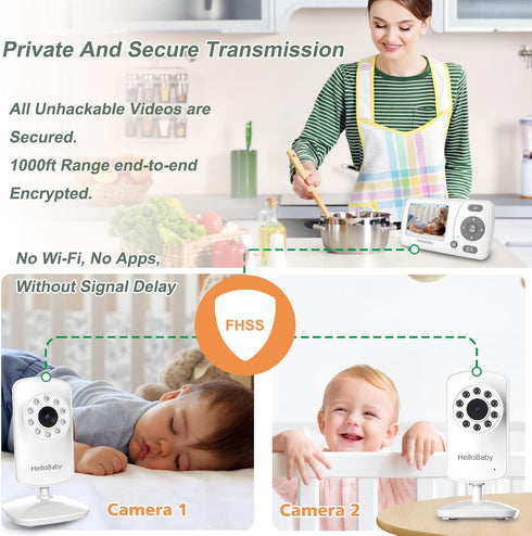 HelloBaby 2 2.4'' 1000ft Monitor with Cameras, Portable Travel Screen Baby Monitor No WiFi, Long Range Video Baby