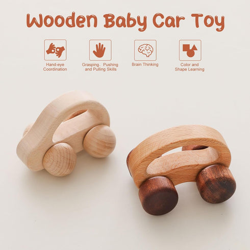Wooden Baby Car Toys - Montessori Push Car for Toddlers, 2 Pieces, Gifts for Boys and Girls, Push and Pull Toy