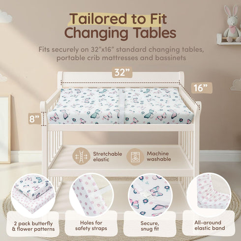 32"x16", 8"Deep 100% 2 Pack, Baby Diaper Changing Pad Covers Table Sheets Pocket - Floral Changing Pad Cover, Cotton