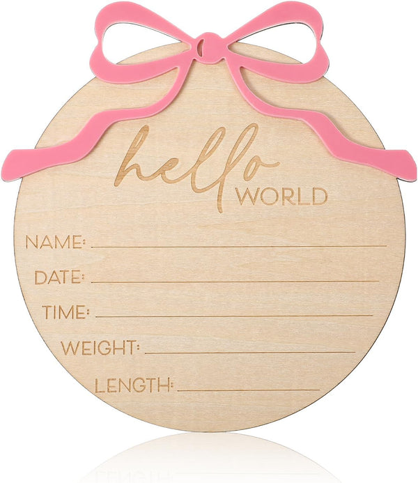Lusofie Baby Announcement Sign, Pink Bow Welcome Baby Sign, Wooden baby Name sign
