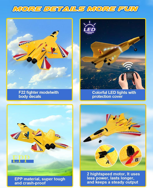 F22 2 2.4GHz ANTSIR Raptor RC Airplane, Durable Foam Remote Control Jet with Gyro & LED Lights, Rechargeable Batteries