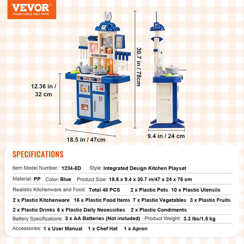 Playset 48PCS, Set 18.5" 9.4" 30.7" VEVOR Kids Kitchen Pretend Play Kitchen with Cooking Stove with Steam, Sounds
