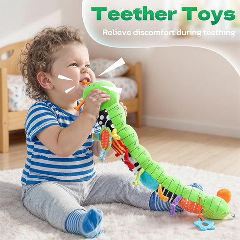 HEMRLY 0-6 Tummy 0-3-6-12 Baby Sensory Toy Months, Musical Stuffed Caterpillar Plush with Teether, Crinkle, Rattle
