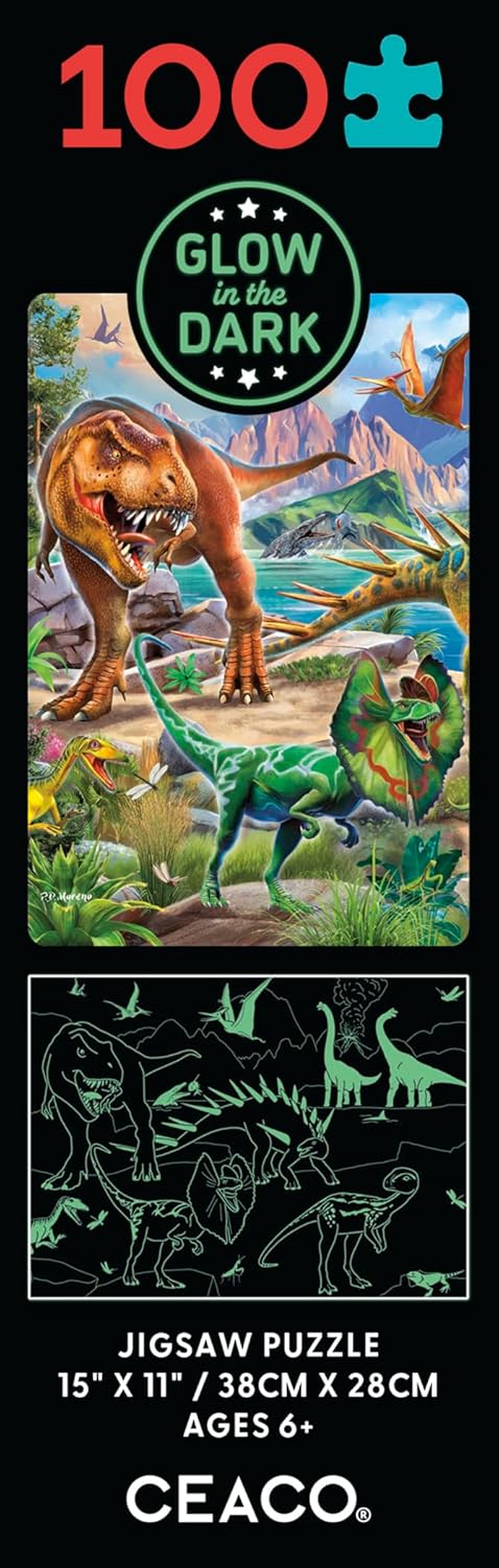 Ceaco 100 Piece Jigsaw Puzzle, Glow in The Dark, Dinoland