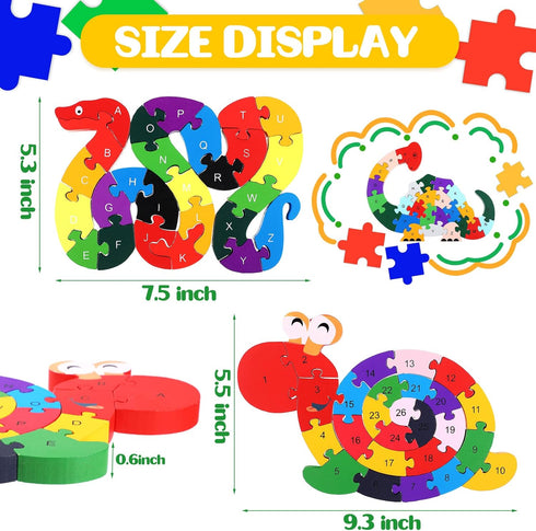 4 Pcs Alphabet Jigsaw Puzzle Building Blocks Animal Wooden Puzzle Wooden Alphabet Puzzle Snake Elephant Dinosaur Snail Blocks Toys ABC Alphabet Animal Puzzle for Preschool Learning