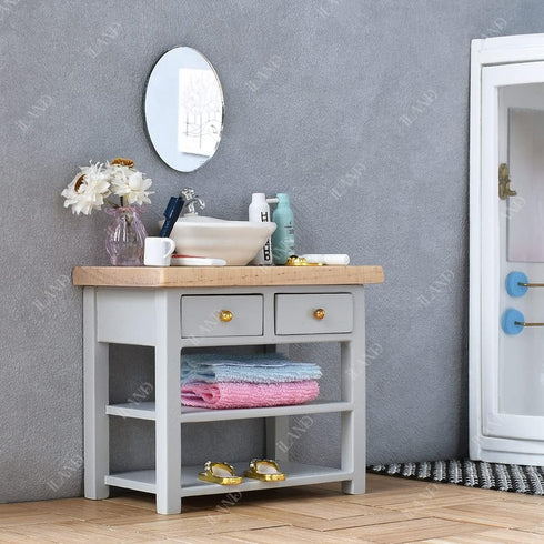 iLAND Dollhouse Furniture and Accessories 1/12 Scale Bathroom Set incl Ceramic Toilet & Bathtub & Wooden Cabinet