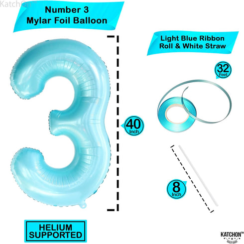 KatchOn Giant Light Blue Number 3 Balloon, 40 Inch, 3rd Birthday Decorations, Baby Shark Theme