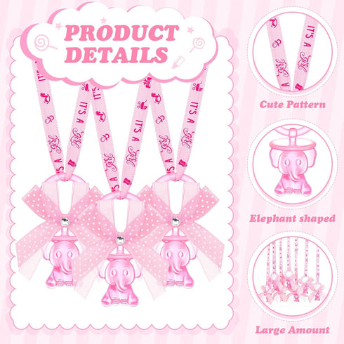 Tondiamo 60 Pcs Baby Shower Pacifiers Elephant Necklace Acrylic Baby Shower Party Favors with Cute Rhinestone Bows