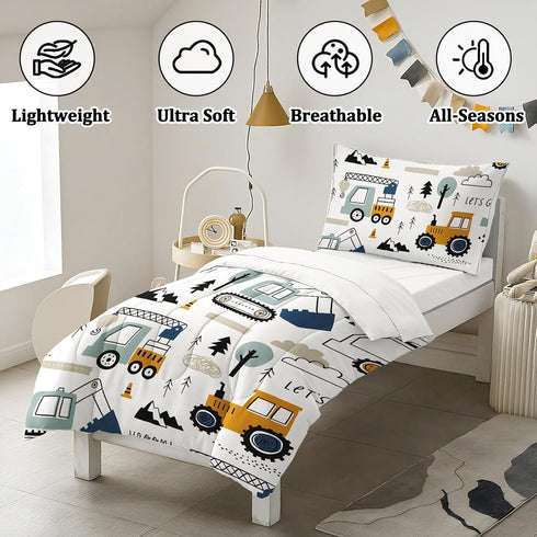 Set 4-Piece Set Toddler Bedding for Boys - Truck Bedding Comforter for Kids, Soft Comfort Construction Vehicle Bedding