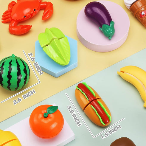 Cawiew 100 Set Playset PCS Cutting Play Food For Kid Kitchen, Storage Basket with Vegetable & Fruit Toy For Toddler Boy