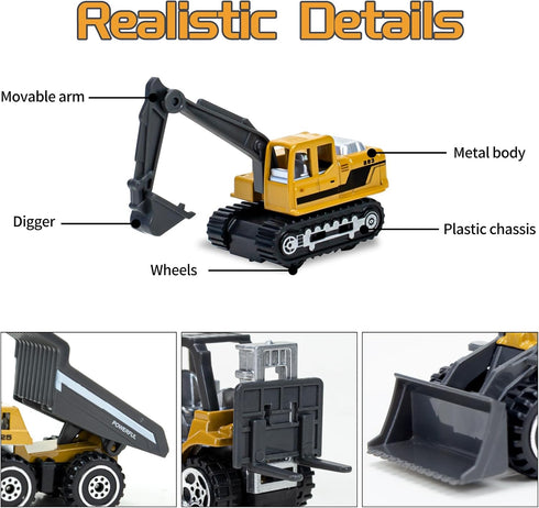 6 Pieces Toy Construction Vehicles, Diecast Trucks for Boys Age 4-7, Forklift Excavator Dump Tractor