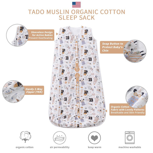 1-2T, 0.5 100% 2-Way 12-24 TADO MUSLIN Toddler Sleep Sack TOG Lightweight Wearable Blanket, Organic Cotton Muslin