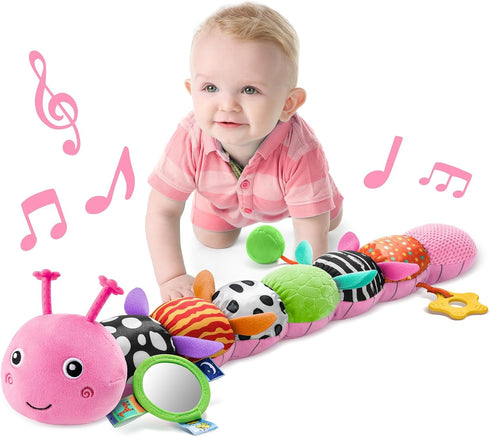 LIGHTDESIRE Baby Toys Musical Caterpillar,Infant Toys Stuffed Animals with Ruler Design,Mirror,Pull String&Ring