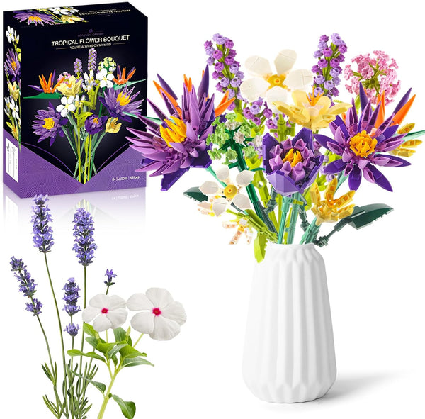 Flower Bouquet Building Set, 891PCS DIY Artificial Flowers, Birds of Paradise and Water Lily for Home Decor