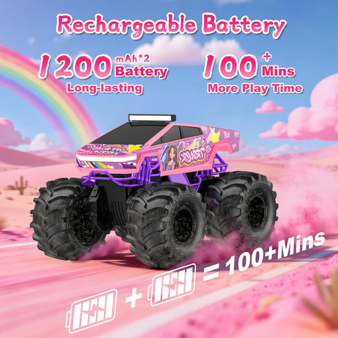1:18 2.4 4WD 6+ Amphibious Remote Control Car, Pink Monster Truck Toys for Girls RC Cars, GHz Waterproof RC Trucks, All