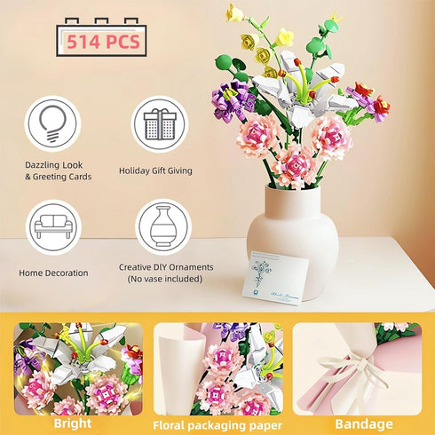 Flower Bouquet Building Set for Adults - Artificial Flowers with Lily and Carnation - 514 Pcs Romantic Gifts