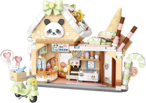 MEIEST Set,Mini Panda Ice Cream Shop Building Blocks City Shop Street View Particle Construction Building Bricks