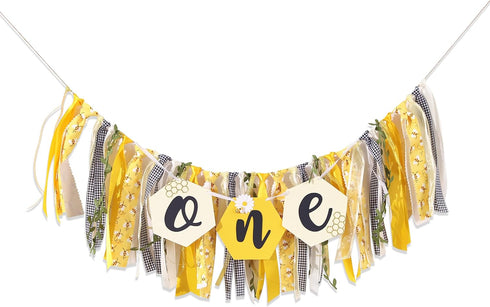 Agkvw 1st Bee Theme High Chair Banner - Happy Bee Day Birthday Banner, First Birthday Decoration for Boys and Girls