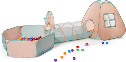 UTEX 3 in 1 Pop Up Kids Play Tent with Tunnel and Ball Pit, Indoor/Outdoor Playhouse, Orange Pink/Light Green