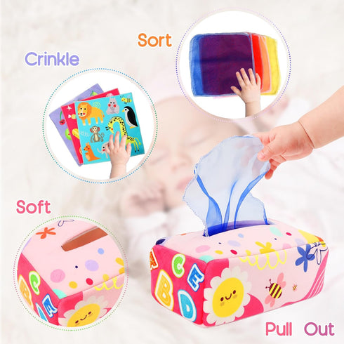 Baby Toys 6 to 12 Months - Baby Tissue Box Toys - Montessori Toys for 1 Year Old, Soft Stuffed High Contrast Crinkle Infant Sensory Toys, Boys&Girls Toddler Early Learning Toys Baby Gifts